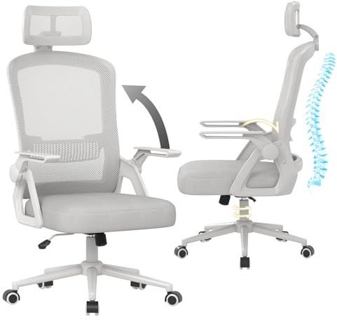 naspaluro Sedia da Ufficio Scrivania Ergonomica, Con Braccioli Pieghevoli, Altezza Regolabile, Seduta e Schienale in Rete Respirante, Girevole con Ruote, Funzione Oscillante Grigio