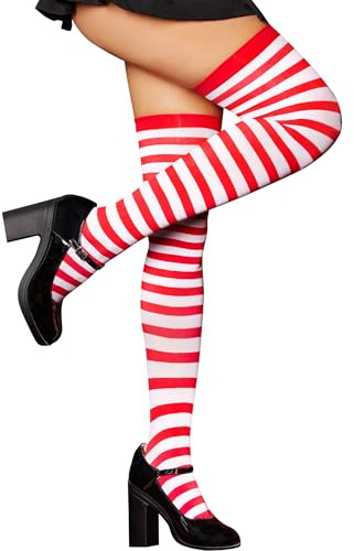 RSLOVE randiga strumpor för kvinnor – lårhöga strumpor över knäet halloween tights, Röd Vit, one size