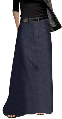 oshoplive Women's High Waisted Denim Maxi Skirts with Pockets, Retro Solid Color Floor Length H Line Jean Long Skirt Denim Blue M