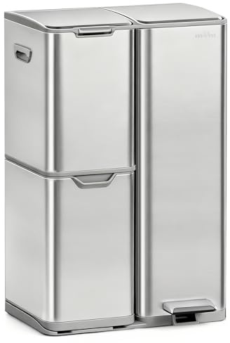 mVm Poubelle de Cuisine Triple,Poubelle de Tri,Corbeille à Pédale,3 Compartiments,60 Liter(13+17+30L) Déchets,Acier,Couvercles à Fermeture en Douceur,Pédales,Seaux Intérieurs