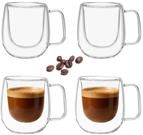 LIUCONGBD 4 stycken kaffeglas med dubbla väggar, 350 ml/12 oz cappuccino latte macchiato-glas, värmebeständiga kaffekoppar med handtag för te, is, mjölk, öl