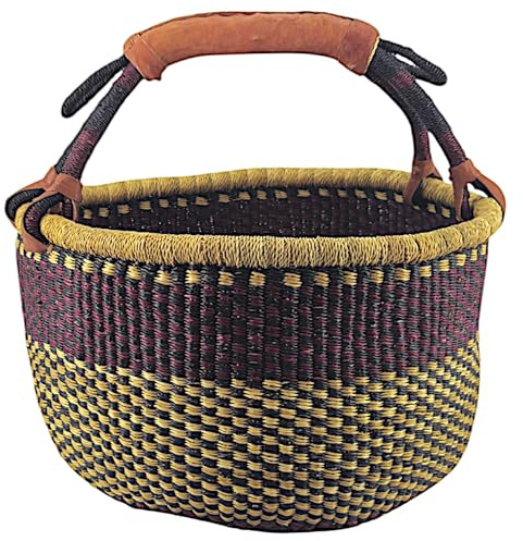 Stor Rund Bolga-Korg ca. Ø 40 x 40 cm – Handgjord i Ghana – Fairtrade – Kundkorg med Läderhandtag – Fuchsia-Natur