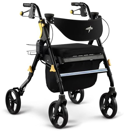 Medline Premium Empower Folding Mobility Rollator Walker with Memory Foam Seat, Black, 300 lb. Weight Capacity, 8” Wheels, Cupholder,Rolling Walker for Mobility Impairment, Adjustable Handles
