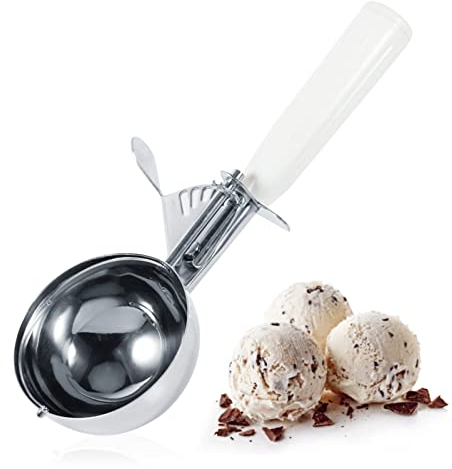 Eisportionierer 8 cm, Poliert Edelstahl Eislöffel, Portionierer für Eiscreme, Reis, Melonenkugeln, Plätzchen, Kuchen, Obst, Kartoffelbrei, Teig, Küchenwerkzeug mit Bequeme Kunststoffgriff (Weiß)