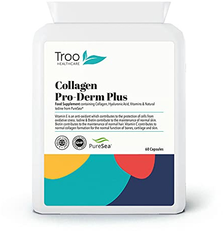 Troo Health Care Collagen Pro-Derm Plus 60 Capsules - Potent Hydrolysed | Marine Collagen Peptide Complex with Hyaluronic Acid, Vitamin C and Natural Iodine from Seaweed - Skin and Hair Support