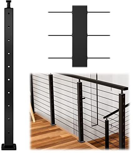 Muzata Black Cable Railing Post 36 Inch 36x2x2 Level Drilled Surface Mount T304 Stainless Steel Cable Railing System Kit Indoor Outdoor with Paper User Guide PS01 BH4S