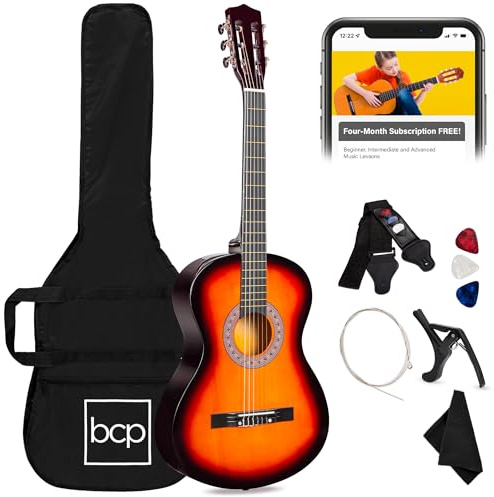 Best Choice Products 96,5 cm Anfänger-Set für Akustikgitarre aus Holz, mit Tasche, Gurt, digitalem Stimmgerät, Plektrum, Saiten – Sunburst
