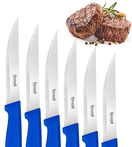 fixwell Couteau à steak bleu I couteau à viande très tranchant, idéal pour la table à manger et la viande grillée – Très durable, inoxydable | Passe au lave-vaisselle et adapté à un usage alimentaire