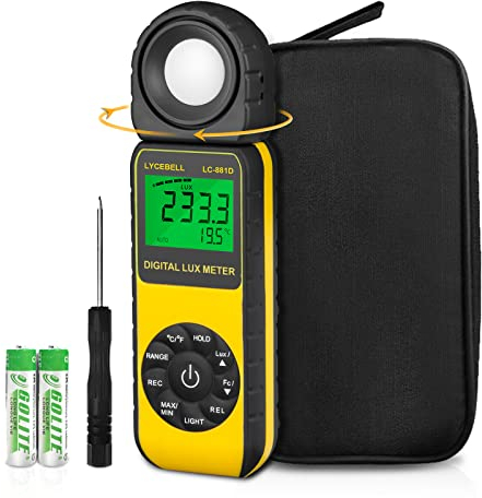 LYCEBELL Digital Luxmeter, LC-881D Belichtungsmesser 0.1-400,000 Lux mit Daten halten/Max/Min, Lichtmessgerät Lichtmesser mit um 270° Drehbarem Detektor für LED-Leuchten und Pflanze (Gelb)