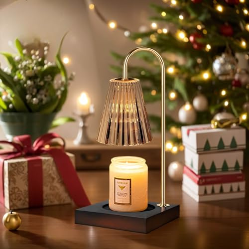 OKYUK Candle Warmer Lamp Compatible with Jar Candles Vintage Electric Candle Lamp Dimmable Candle Melter Top Melting for Scented Wax，Wooden Base with Glass Lampshade, with 2 Bulbs (Smoke Gray)