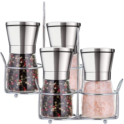 Bugucat Salt and Pepper Mill 4pcs, Stainless Steel Spice Mill with Adjustable Ceramic Grinder, Chili Mill, Refillable Salt Mill & Pepper Shaker, Empty Ceramic Mill, Pepper, Chili