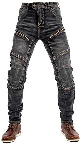 QIYUANT Herren Motorradhose Motorrad Reiten Schutzhose Denim Jeans Reißfester Stretch Casual Vintage Jeanshose mit Abnehmbar Rüstung Knie-Hüftpolster (Schwarz, XL)