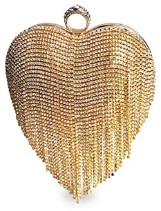 CORIOS Herzform Abendtasche Damen Strass Fransen Clutch Tasche Klein Tasche Abnehmbarer Kette Handtasche Glitzer Schultertasche Umhängetasche für Abendparty Hochzeit Tanzparty Geburtstag Gold