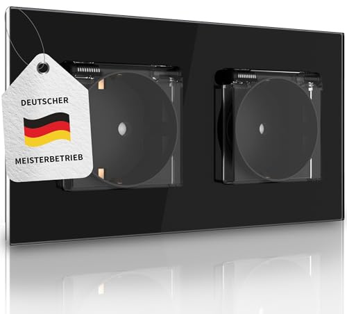 PULSAR Unterputz-Steckdose mit Deckel 2-Fach Schwarz Glas, Klappdeckel | Steckdose mit Deckel Unterputz Schwarz 2-Fach Glas, Wandsteckdose 230 V / 16 A für Feuchträume, Steckdose mit Klappe