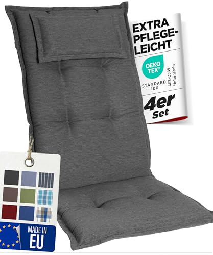 gardisun Gartenstuhlauflagen Hochlehner mit Kopfteil I Extra Dicke Sitzauflagen I Made in Europe I Polsterauflagen für Hochlehner I Auflagen mit extra hohem Komfort I 4er Set I Anthrazit
