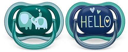 Philips AVENT ultra air Schnuller - 2er Pack, BPA-freier, atmungsaktiver Schnuller für Babys ab 18 Monaten, inklusive Transport- und Sterilisationsbox, Elefanten/Hello (Modell SCF349/18)