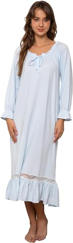 Nanxson Camisón Mujer Algodón Ropa de Dormir Manga Larga Pijama Suelto Camisones Loungewear (S, Azul)