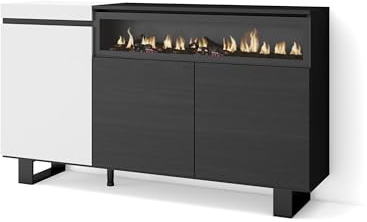 Skraut Home | Aparadores para salón | Gran Capacidad de almacenaje | 150x87x35cm | 3 Puertas | Chimenea eléctrica | Diseño Industrial | Estilo Moderno | Blanco y Negro