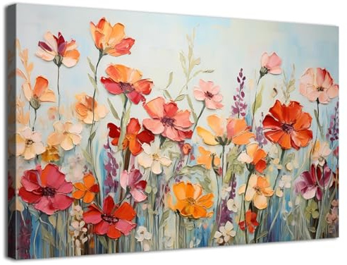 Large Colorful Flower Wall Art Bathroom Decor Watercolor Daisy Poppy Floral Canvas Prints Pictures Oil Painting Nature Wildflower Poster Artwork Living Room Bedroom Kitchen Home Decoration 24x36