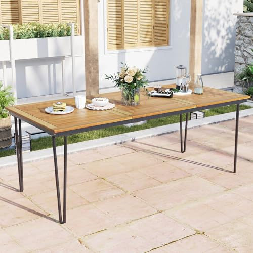 GOPLUS Mesa Jardin Exterior para 8 Personas, Mesa de Comedor Rectangular de Madera de Acacia con Agujero para Sombrilla, Estructura de Metal, Patas Ajustables, para Terraza Patio, 200x90x75cm