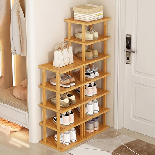 7 Tiers Bamboo Vertical Shoe Rack, Adjustable prefabricated Storage Shelf Shoe Storage Stand, Free Standing Shelf Tower for Entryway,No-Tool Assembly Hallway Shoe Rack Yellow (7 Tiers)