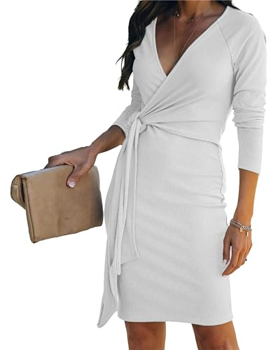 DGCUPODE Damen Slim Fit Gürtel Bleistiftkleid Langärmeliges Wickelkleid mit V-Ausschnitt für die Arbeit Formales Cocktail Midi Bodycon Kleid (Weiß,XL)