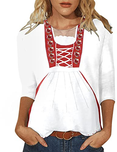 Trachtenbluse Damen Bluse für Damen, Sommer, Bequeme Oberteile, Dreiviertelärmel, Rundhalsausschnitt, T-Shirt, Bedruckt, lockere, seitlich Geteilte Tunika Haarschmuck Oktoberfest Damen (Red, XXL)