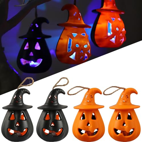 4PCS Halloween Kürbis Laternen Halloween Led Kerzenlaternen Tragbare Kürbis Licht Halloween Deko Kürbis Beleuchtet für Kinder Fasching Karneval Halloween Party Requisiten Hängende Laternen
