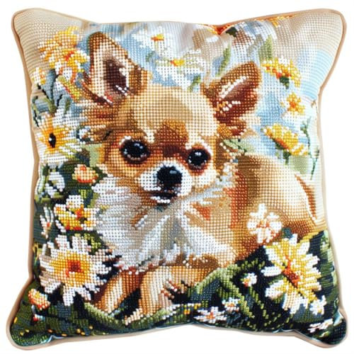 RKFLGEW DIY knüpfen set erwachsene Chihuahua-Tier knüpfkissen Hund und Blumen Bezug Knüpfhaken-Kissenbezug，DIY-Kissenbezug-Set，Kissenbezug-Bastelsets für Erwachsene mit bedruckter Leinwand 43x43cm
