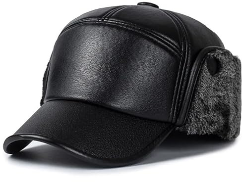 LiuliuBull Wintermütze Herren Russische Schwarze Ledermütze Mit Ohrenklappen Warme Leder Baseballmütze(Grey)