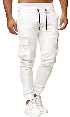 Cargohose für Herren, lockere Passform, Jogginghose, leichte Arbeitshose, Kordelzug, Outdoor-Sweathose, gerades Bein, flache Vorderseite, Chinohose, Loungehose, weiß, S
