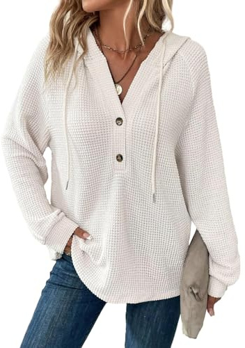 Cuptacc Sweat Femme Oversize Manche Longue Pull Col V Hoodie Femme Hiver Mode Tricot Ample Sweat à Capuche Femme Blanc XXL 52-54