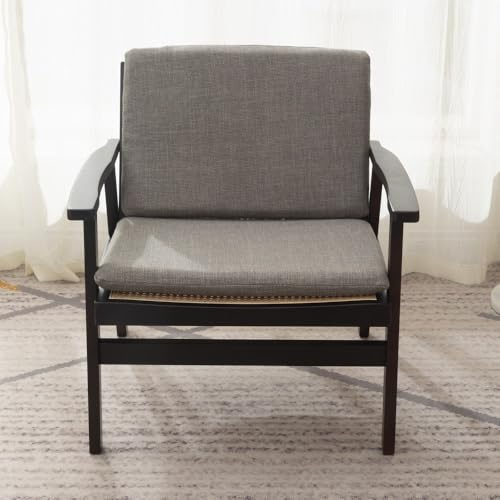 Wooden Accent Chair with PE Rattan Look, Single Padded Seat Lounge Armchair, Leisure Comfy Occasional Reading Armchair Side Dining Chairs (Walnut, with light grey seating pad and back)