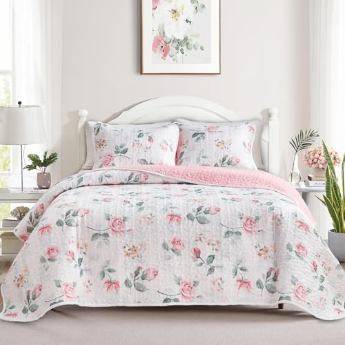 Floral Quilt Set Twin Size 68x86 with Pink Yellow Flower Soft Microfiber Lightweight Coverlet Bedspread Reversible Summer 2pc Quilted Bedding Set Bed Cover for All Season (1 Quilt+ 1 Shams)