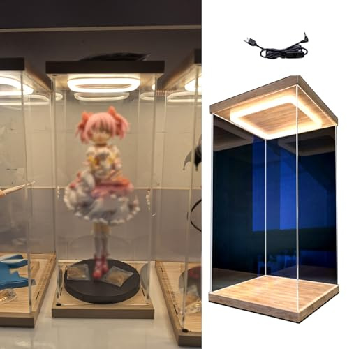 CMYUN Acryl Vitrine Beleuchtete Acryl-Vitrine für Puppen, Hoch, Transparent, Modellschiff-Sammlerbox, Acryl-Aufbewahrungsschrank mit Tür Und Holzsockel, Große Vitrine(40x30x40cm/16x12x16in)