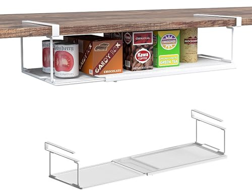 ROLIZOE Verstellbares erhöhtes Unterschrankregal, Metall-Unterregalkorb, hängend unter Schreibtischregal, Schrank, Schuhbank, Schrank, Badezimmer, Pappteller-Aufbewahrung (Weiß, Standard - 2 Stück)