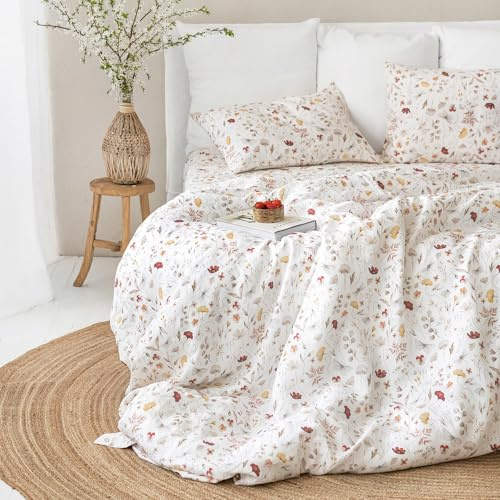 Freyamy Housse de Couette 220x240 Fleurs Romantique avec 2 Taies d'oreiller 65x65 cm - Fleurie Parure de Lit Blanche en Microfibre - Réversible Adulte Linge de Lit 2 Personnes avec Fermeture Éclair