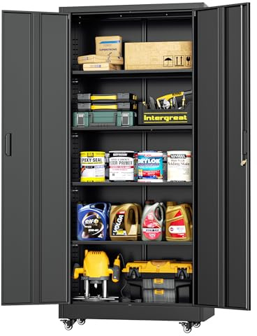 Bonusall Garage Cabinets with Wheels, 73 H Metal Locking Cabinet with 2 Doors and 4 Shelves, Storage Cabinet on Wheels for Home Office,Warehous, School(Black