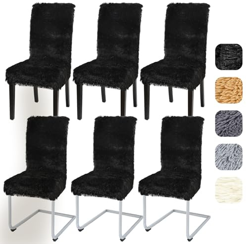 Alishomtll Stretch Stuhlhussen Hochflor Hussen Schwingstuhl 6er Set Schwarz | Universal Langflor Stuhlhussen, Elastisch Abnehmbar Stuhlbezug, Waschbarer Plüsch Stühle Schutz für Küche Esszimmer Hotel