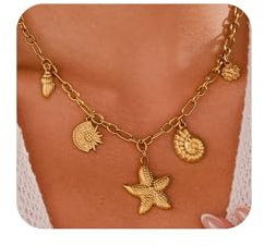 Joo&Rind Collier Femme Or Boheme Étoile De Mer Coquillage Collier à Breloques Multiples 18 Carats Acier Inoxydable Bijoux Doré Cadeaux pour Femmes