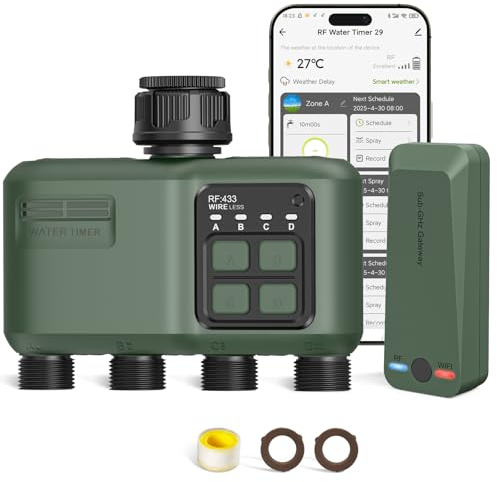 Smart Sprinkler Timer 4 Zone for Garden Hose, WiFi Water Timer with 984ft RF Range, Smart Lawn Watering System Irrigation Controller, APP/Voice Control, Rain Delay, Automatic/Manual Irrigation