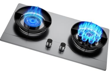 Portable Double Burner Stove,Pure Copper Fire Cover,Stainless Steel Stove with Flameout Protection, Suitable for Family Restaurants and Outdoor 5.2KW(LPG)