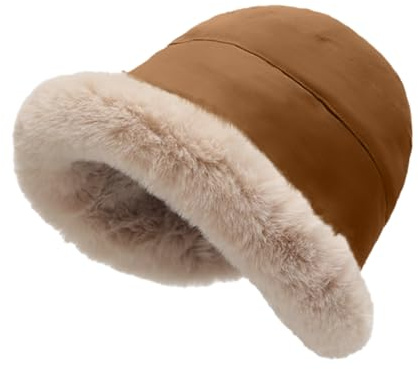 crazy bean Damenmützen Fischerhut Fleece Winter Glockenhut mit Gefütterte | Elegant und Vintage, Warm Fluffy Kunstpelz mit Fleece Futter, Cloche Hut