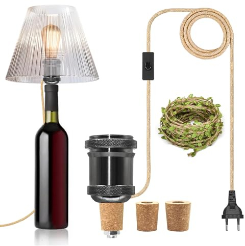 ZRLXFM Lampenfassung für Flaschen E27, Tischlampe Mit Schalter Und 240cm Hanfseil Kabel FüR Flaschen, Diy Schwarzer Keramik Sockel Flaschenlampen Mit Wear A Small 5m Green Leaf Hemp Rope