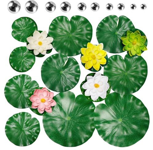 Sixfolo Lot de 25 Décoration de Bassin Flottantes Nénuphar Artificiel en Mousse EVA Fleur de Lotus Flottante avec Feuille Nénuphar et Mini Boules pour Étang,Bassin de Jardin,Aquarium