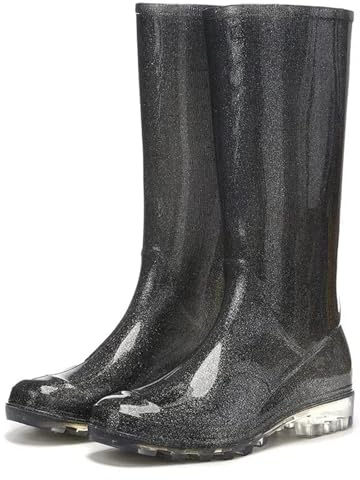 Botas de Agua Botas de lluvia Crystal Gradient for mujer, caña alta, impermeables, antideslizantes, goma, con forro polar y resistentes al desgaste(Black,40)