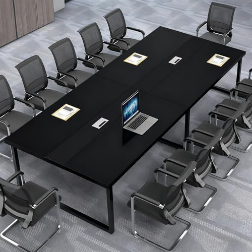 Large Conference Table, Modern Meeting Table with Cable Duct and Black Metal Frame for 8-12 People, Business Style Wooden Training Tables, Rectangular Seminar Table for Office, Conference Room
