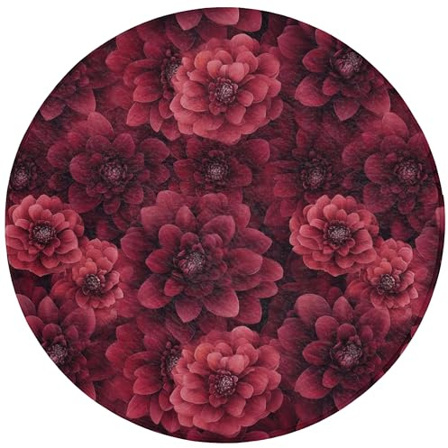 OnlyWow© Badematte rutschfest 70x70 cm Deko Badezimmer Rund Memoryschaum Badematten Vorleger Mit Ausschnitt Duschvorleger Waschbar Dahlien - Blumen - Rot