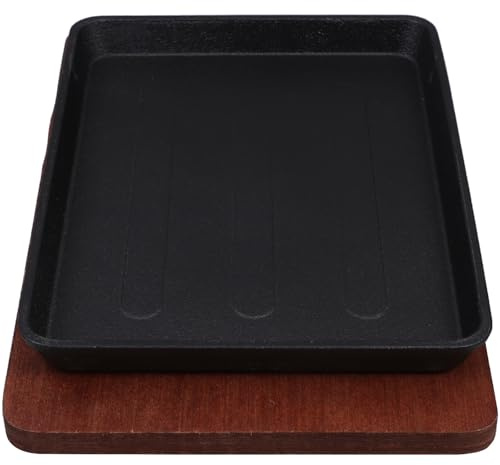 Abaodam Cast Iron Fajita Skillet con Base de Madera Plato de Cocina para Steak Pescado y Verduras para Teppanyaki Asados y Cocinas de Inducción