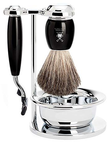MÜHLE Rasierset mit Schale - Vivo Serie - Reines Dachshaar - kompatibel mit Gillette-Klingen - Edelharz schwarz | Nassrasur-Set kompatibel mit Gillette Mach3-Klinge, Rasierpinsel reines Dachshaar, Halterung, Schale, für Bart und Gesicht